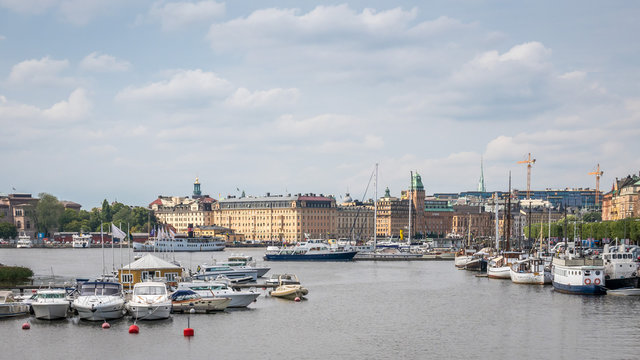 Boats on the river in old part of Stockholm, 2 august 2018 Sweden