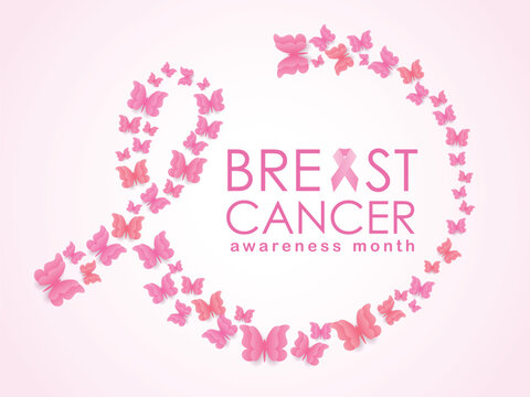 Breast cancer Awareness month banner with butterfly around shape to ribbon sign vector design