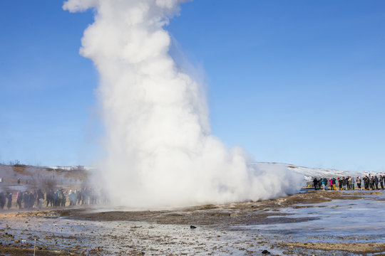 Eruption of Strokkur Geyser at the Geysir geothermal Park on the Golden circle in Iceland.