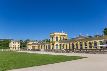 Fototapeta na wymiar Yellow castle in the Karlsaue park of Kassel, Germany
