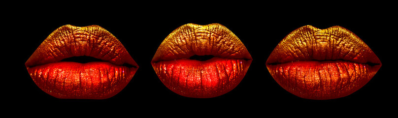Lips. Set of women's lips with red lipstick. Collection open mouth. Palette of emotions close-up. Great variety of women lips. Red set mouth. Sexy lips, lip care and beauty sensual