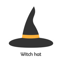 Fototapeta premium Witch hat in cartoon style, halloween card for kid, preschool activity for children, vector illustration