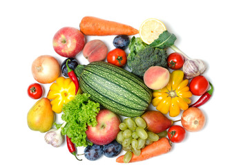 Fruits and vegetables on white background.Vitamins are healthy food.