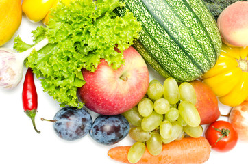 Fruits and vegetables on white background.Vitamins are healthy food.