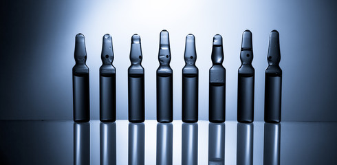 Group object of liquid medicinal agent in limpid glassware in medical laboratory.