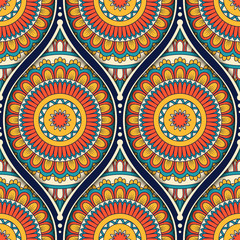 Seamless pattern with ethnic mandala ornament. Hand drawn vector illustration