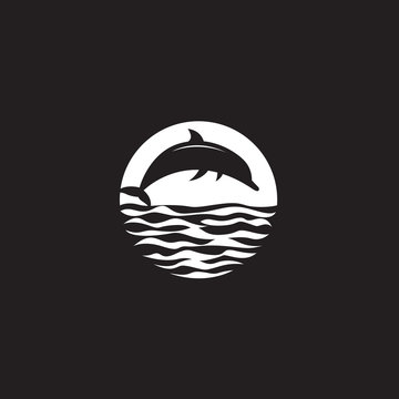 abstract emblem of jumping dolphin, sun and sea wave
