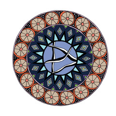 Decorative hand drawn mandala with different geometrical elements, anti stress therapy pattern, blue colors, raster