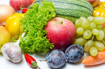 Fruits and vegetables on white background.Vitamins are healthy food.