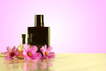aromatic Essential oil perfume bottles with flower for cosmetics spa health nature concept 