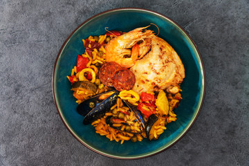 Chicken and chorizo paella with Mussels