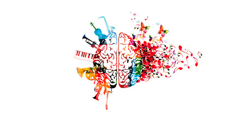 Fototapeta premium Colorful human brain with music notes and instruments isolated vector illustration design. Artistic music festival poster, live concert, creative music notes, listening to music