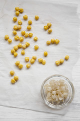 Cleaning chickpeas for cooking hummus, overhead view. From above, top view.