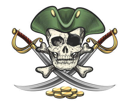 Pirate Skull in Sailor Hat with Sabres and Coins
