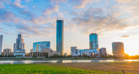 Fototapeta premium Beautiful colorful cityscape of Yekaterinburg city center at sunset