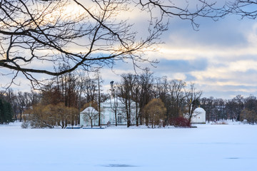 Frozen big pond in Catherine park at Tsarskoe Selo in winter. Pushkin. Saint Petersburg. Russia