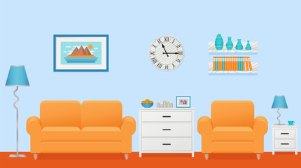 Living room interior. Vector. Lounge with furniture. Home background in flat design. Cartoon house equipment in modern apartment. Colorful animated illustration parlor with orange sofa and armchair.