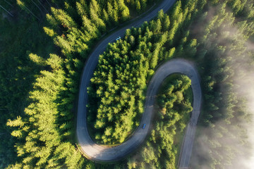 Aerial landscape of the mountain road, at sunrise