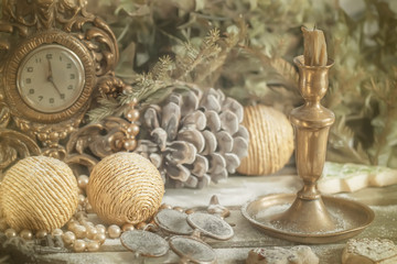 Christmas decoration balls, clocks, candle,vintage