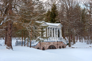 Marble Bridge in Catherine park at Tsarskoe Selo in winter. Pushkin. Saint Petersburg. Russia