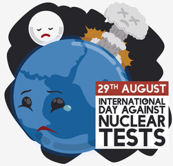 Worried Planet with Calendar Promoting International Day against Nuclear Tests, Vector Illustration