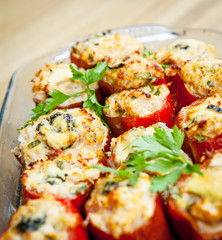 Stuffed pepper with chicken fillet, brown rice, vegetables and herbs. A dietary dish.