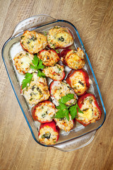 Stuffed pepper with chicken fillet, brown rice, vegetables and herbs. A dietary dish.