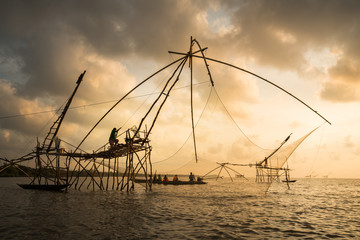 Yokyor is old style for fishing of Thai people in Pak Pra Village, silhouette object