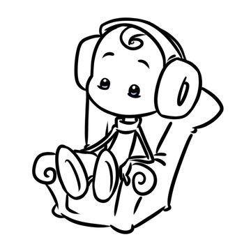 Boy sitting chair listening music headphones cartoon illustration isolated image minimalism coloring page
