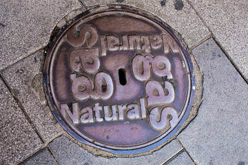naturl gas conection cover in the pavement of a road in Madrid