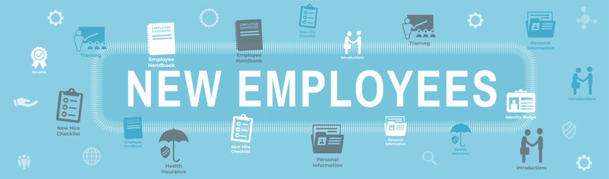 New Employee Hiring Process icon set  with handbook, checklist, etc
