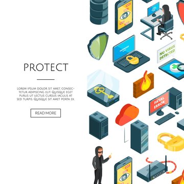 Vector isometric data and computer safety icons background with place for text illustration. Web banner for computer company