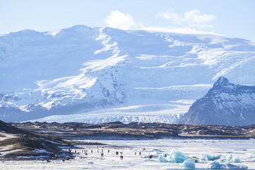 Beautiful cold winter landscape with icebergs in Jökulsárlón glacial lagoon, Vatnajökull National Park, southeast of Iceland, Europe.