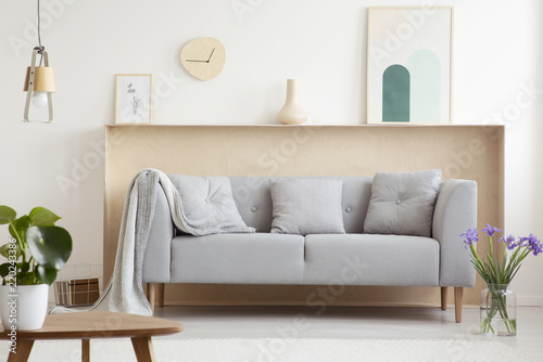 Fototapete Blanket And Pillows On Grey Sofa In White Living Room Interior With Flowers And Poster Real Photo Photographee Eu
