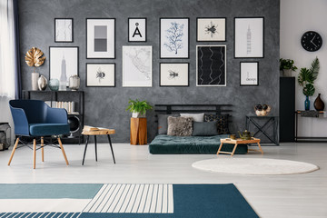 Carpet in grey spacious flat interior with blue armchair next to table near green futon. Real photo