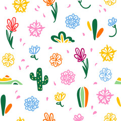 Vector seamless pattern with Mexico traditional decor elements - with colorful flowers, petals, cactus isolated on white background. Good for packaging design, print, decor, web etc.