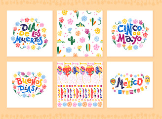 Vector collection of cards with traditional decoration for Mexico party, carnival, celebration, souvenirs, fiesta event in flat hand drawn style. Text congratulation, skull, floral elements, cacti.