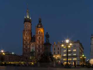 Beautiful view of the Saint Mary's Basilica at the blue hour in the historic center of Krakow, Poland