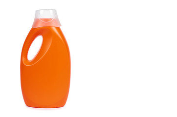 Orange plastic detergent bottle isolated on white background, copy space template