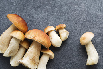 Autumn fresh boletus mushrooms. Forest cepes on a dark surface of a table, close up. 