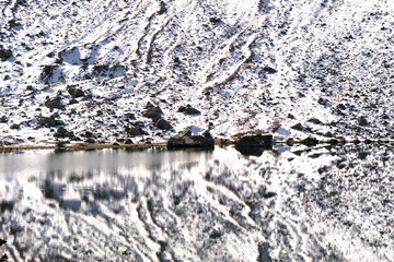 Snow mountains and a lake in Switzerland.  Fluela pass in Switzerland in winter.
