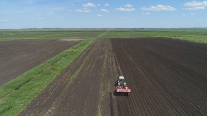 Farm machinery harvesting potatoes. Farmer field with a potato crop. Pile of potatoes on a trailer with vintage tractor. Aerial footage.