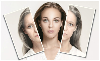 Comparison. Portrait of beautiful woman with problem and clean skin, aging and youth concept, beauty treatment and lifting. Before and after concept. Youth, old age. Process of aging and rejuvenation - obrazy, fototapety, plakaty