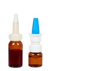 eye or ear drops glass bottle isolated on white background, copy space template.