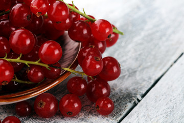 Fresh red currants on light rustic table. Healthy summer fruits