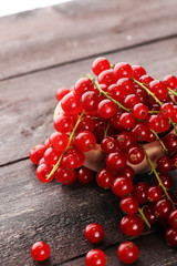 Fresh red currants on light rustic table. Healthy summer fruits