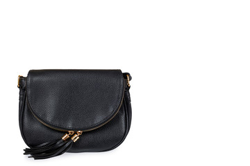 Naklejka premium Black leather shoulder bag isolated on a white background, copy space template.
