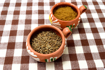 インド料理の香辛料　クミンシードとクミンパウダー　コピースペースあり　Indian cuisine spices: cumin seeds and cumin powder, copy space available	