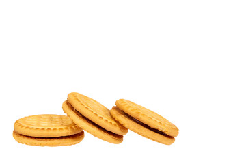 Cookies with cream filling isolated on white background, copy space template.