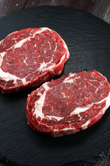 Steak raw. Barbecue Rib Eye Steak, dry Aged Wagyu Entrecote Steak.